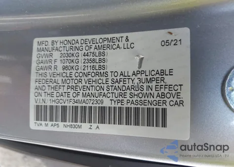 2021 Honda Accord Sport z USA, uszkodzony, nr VIN 1HGCV1F34MA072309